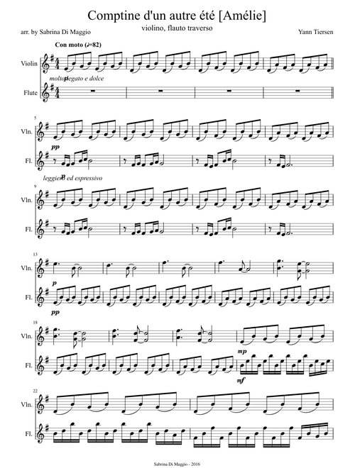 Comptine D Un Autre Ete Amelie Flute Violin Yann Tiersen Sheet Music For Violin Flute Mixed Duet Musescore Com